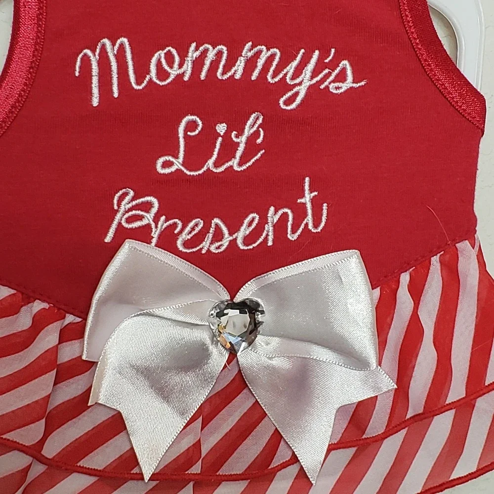 Red Mommy Lil Present Dog Dress Puppy Pet Clothes Sparkly Bow Holiday‎